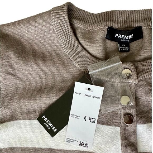 NWT Premise Stardust Stripe Cardigan Knit Sweater Taupe White Size Large Petite - Picture 1 of 4